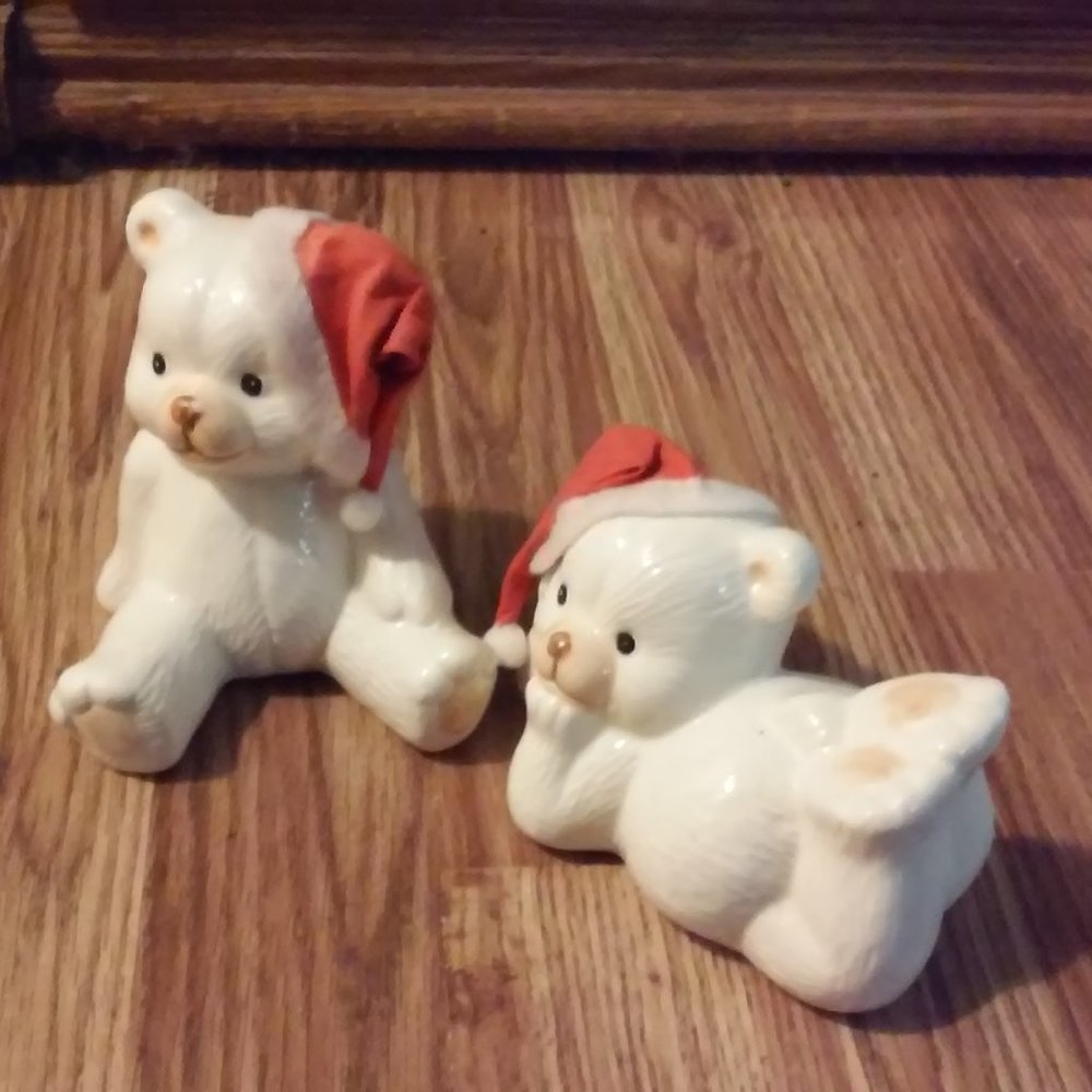 Ceramic Bears White With Red Hats 4 1/2" High & 3"High 3 1/2" Wide Red Hats Are